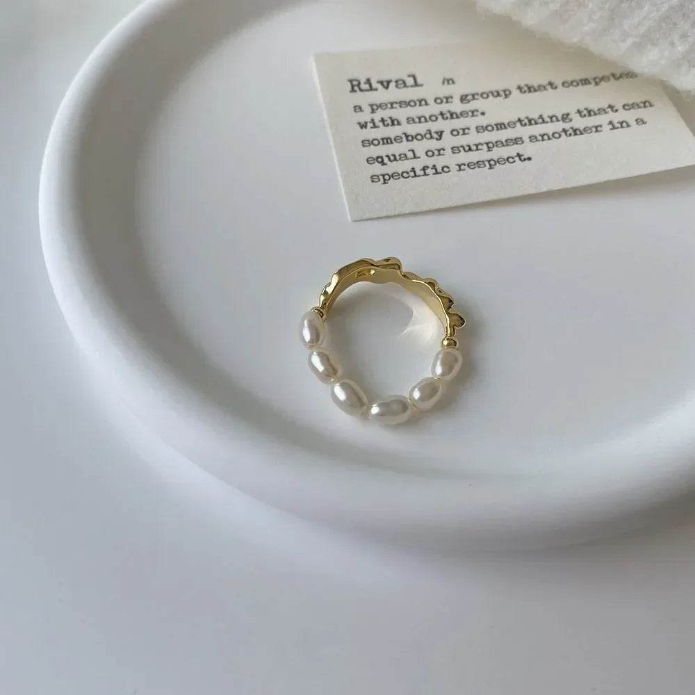 Korean Retro Elastic Rope Imitation Pearl Beaded Ring for Women Fashion Party Metal Chain Splicing Finger Ring Jewelry Women
