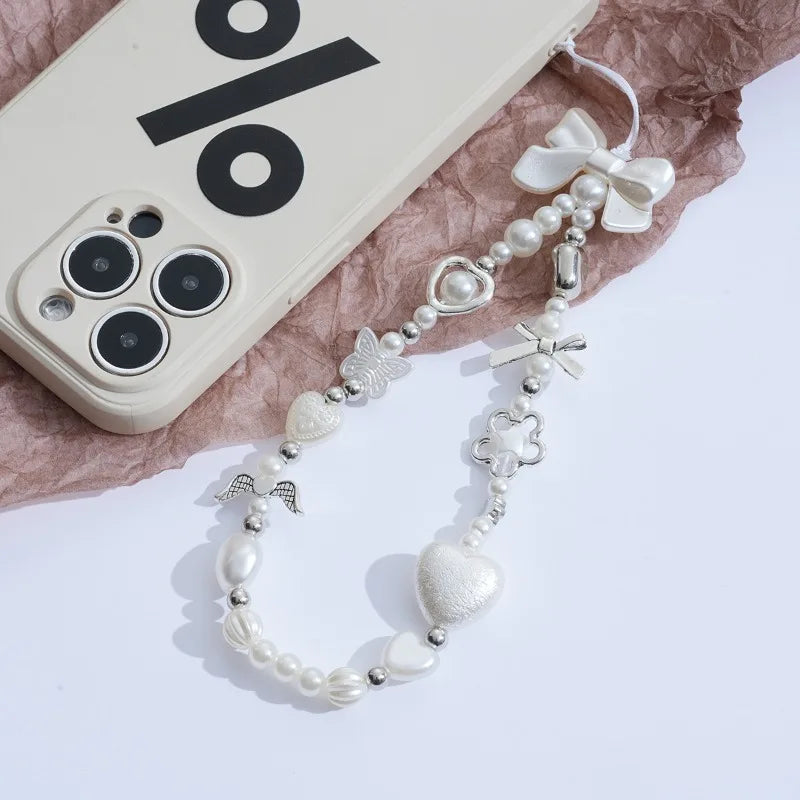 Korean Cute Ribbon Bow Love Heart Phone Chain Lanyard Charm Strap Bowknot Pendant For iPhone Samsung Phone Accessories Girl Gift