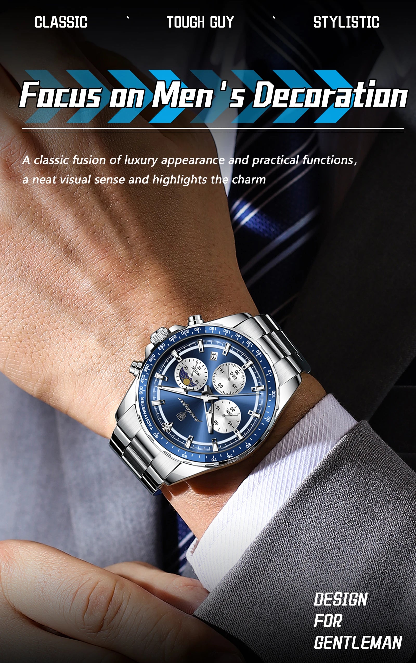 POEDAGAR Luxury Sport Watch For Men Waterproof Luminous Date Chronograph Man Wristwatch Stainless Steel Men's Quartz Watches+Box