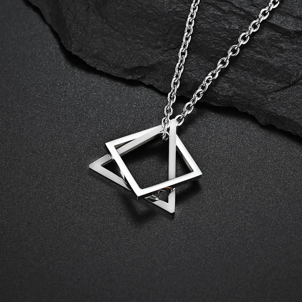 Triangle Square Necklace For Men Hip Hop Style Silver Color Geometric Pendant Stainless Steel Chain Trendy Couple Jewelry Gifts