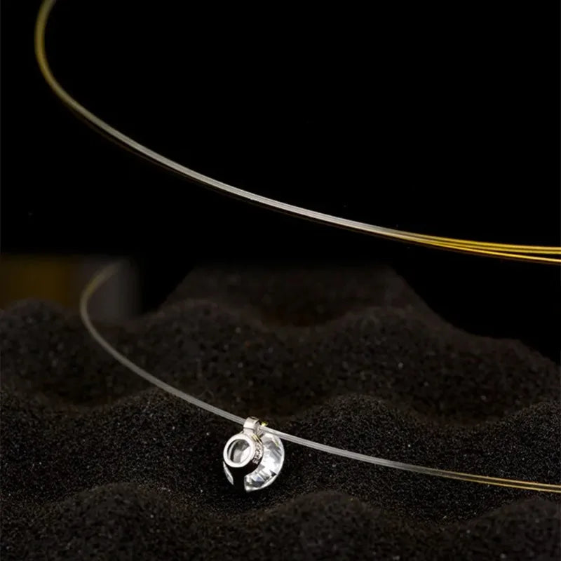 Transparent Fishing Line Invisible Pearl Zircon Necklace Simple Round Bead Choker Pendant Delicate Ladies Short Necklace Fashion