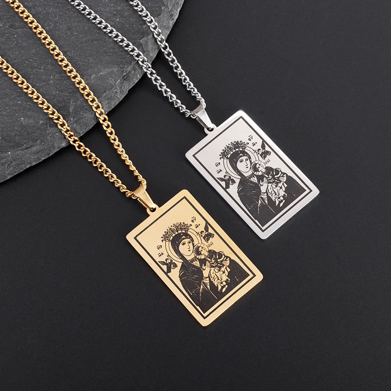 Beautiful Stainless Steel Catholic Virgin Mary Portrait Square Pendant Necklace for Men and Women Religious Catholic Jewelry