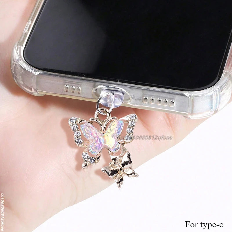 Mobile Phone Dust Plug Pendant New Butterfly With Artificial Pearls And Diamonds Accessory Decoration For iPhone Type-c Port