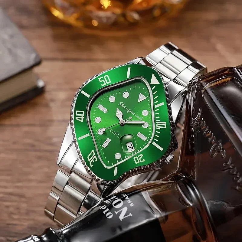 Irregular Watch for Men Unusual Conceptual Reloj Crash Melting Twist Case Quartz Wristwatch Male Man Green Black Clock Masculino