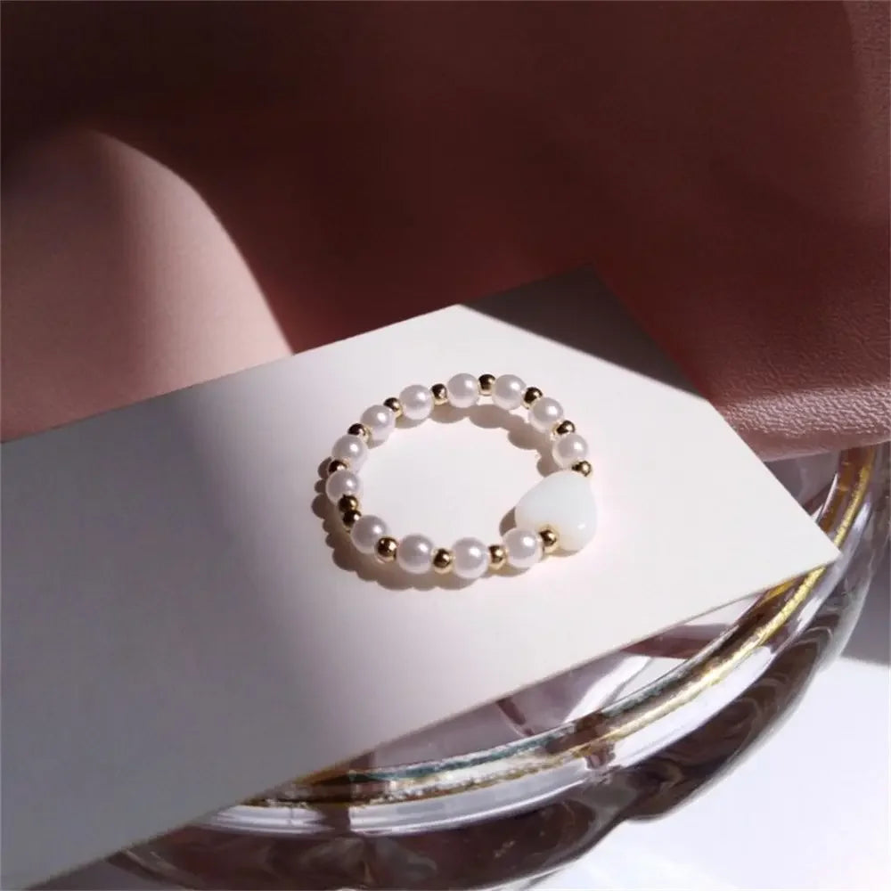 Elegant Heart Imitation Pearl Rings for Women Fairy Vintage Simple Retro Index Finger Ring White Sweet Minimalist Jewelry Gift