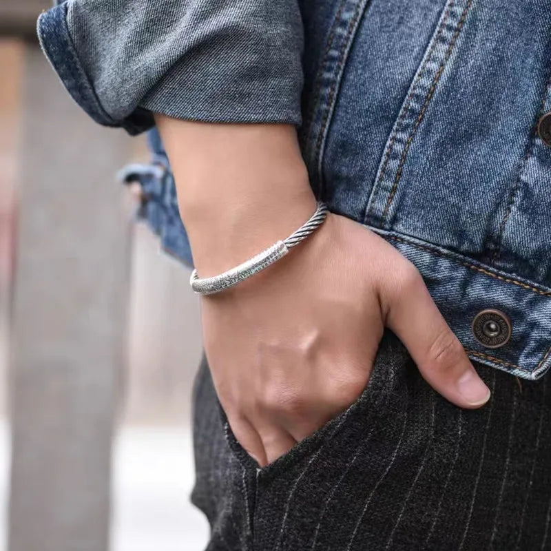 Silver-Plated Retro Six-Character Mantra Bracelet Men\\'s Heart Sutra Cuff Bangles Buddhist Religion Lucky Amulet Jewelry