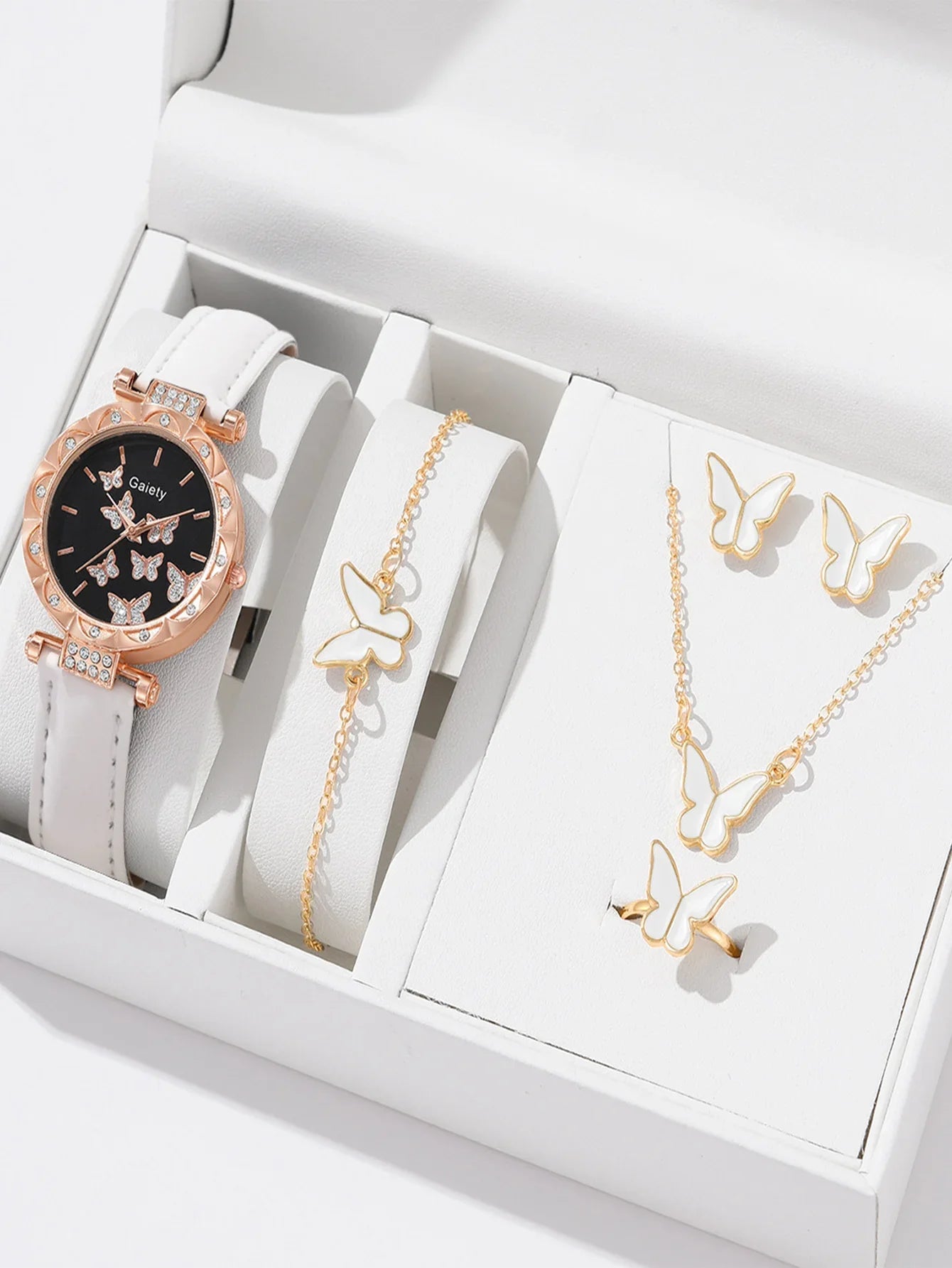 6pcs Luxury Watches Women's Ring Necklace Earrings Bracelet Set Watch Butterfly Leather strap Women's Quartz Watch No case
