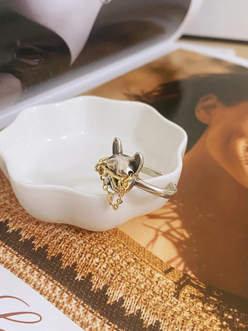 Cute Dog with Sunglasses Ring Punk French Bulldog Wearing Chain Glasses Open Finger Ring Jewelry Cool Decoration for Men Women