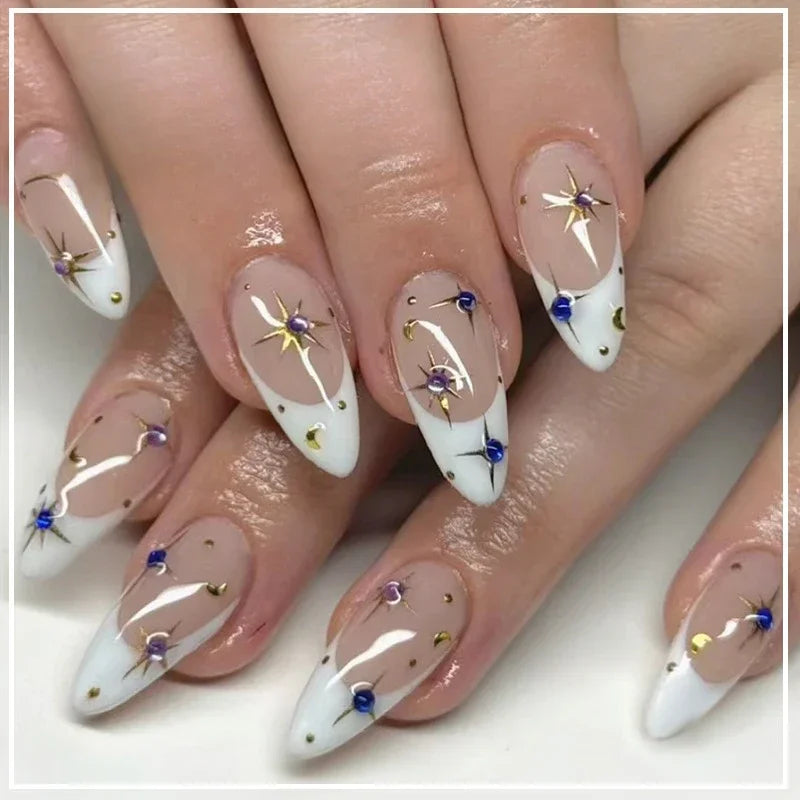 24pcs detachable sweet cool ballet false nails with star y2k designs acrylic press on nails coffin almond fake nails with glue