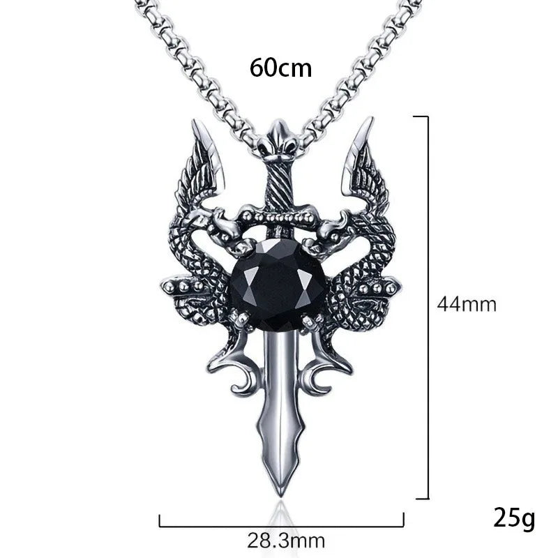 Double Dragon Red Stone Sword Cross Pendant Necklace For Men INS Vintage Stainless Steel Neck Chain Cool Hip Hop Jewelry Gifts