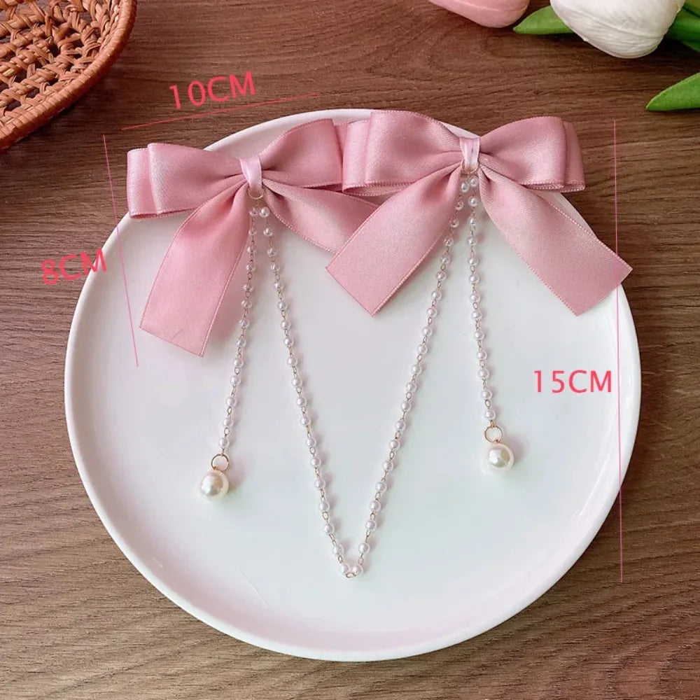 Sweet Princess Style Pink Pearls Chain Bow Hair Clip Women Children's Cute Back Head Hairpins Hair Clips Girls Hair Accessories