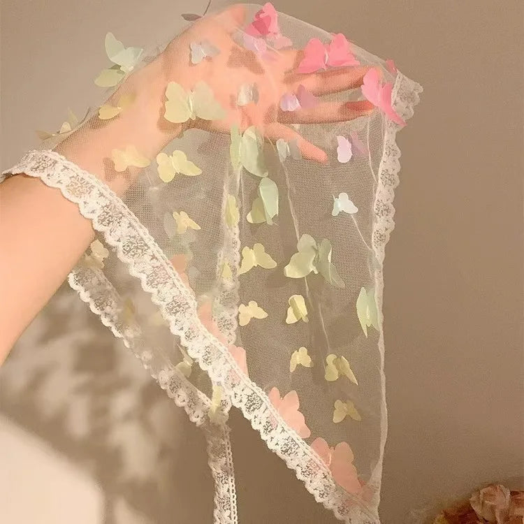 Dopamine Butterfly French Fairy Lace Triangle Headscarf Women's DIY Headwear Mesh Silk Scarf Hairband Summer Beach Accessories