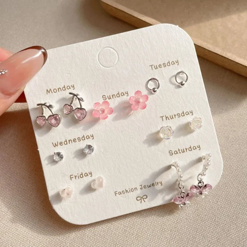 Cute 6/7Pair Set Butterfly Heart Stud Earrings for Women Girl Exquisite Party Dailywear Jewelry Birthday Gift Simple Accessories
