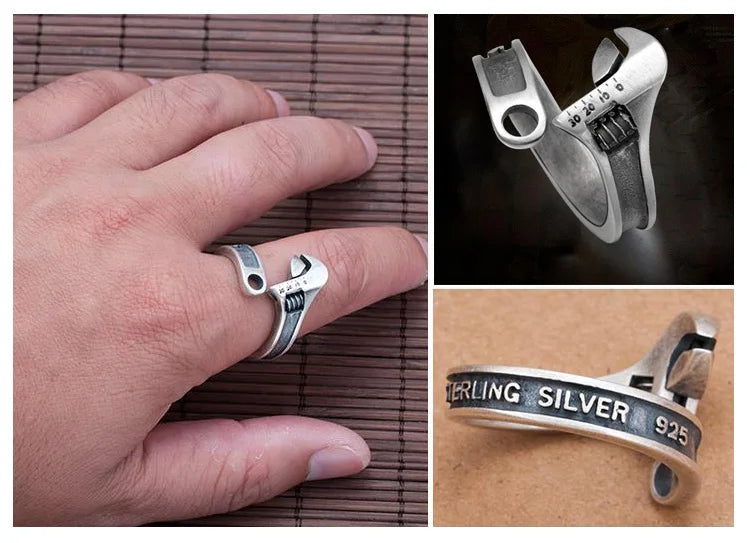 Retro Punk Personalized Wrench-Shaped Open Ring Suitable for Men's Hip-Hop Rock Motorcycle Trend Jewelry Accessories