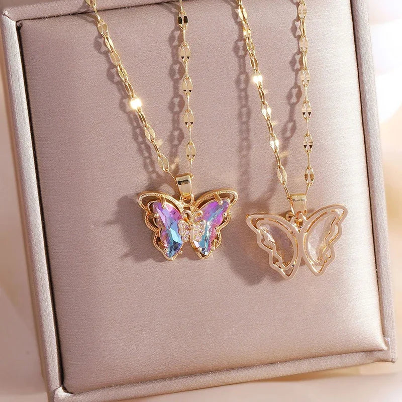 Micro-inlaid Crystal Butterfly Necklace Fashion European American Style Cute Classic Light Luxury Transparent Clavicle Chain