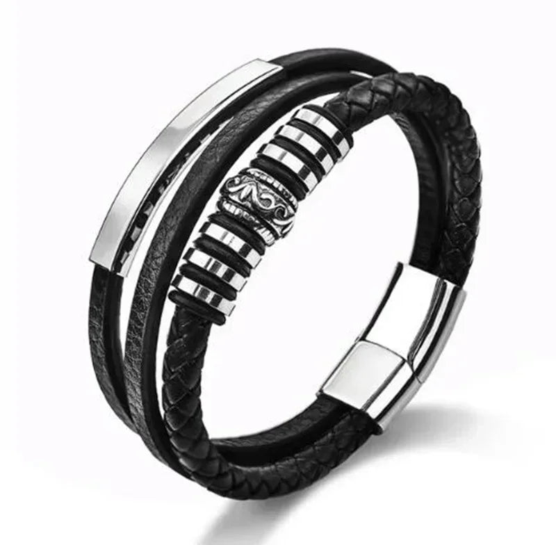 Classic Vintage Magnetic Buckle X Pendant Black Leather Bracelet, Suitable for Men\\\\\\'s Fashion Casual Rock Jewelry