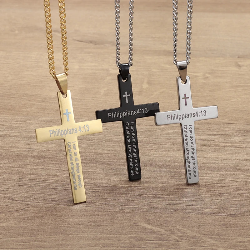 Philippians 4:13 Men\\\'s Simple Cross Pendant Necklace Stainless Steel Religious Amulet Jewelry Unisex Bijoux