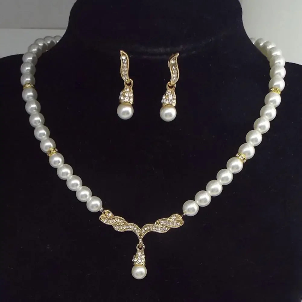 Necklace Earrings Women Jewelry Set Faux Pearl Bridal Wedding Alloy Party Studs Necklace Earrings Set Gifts