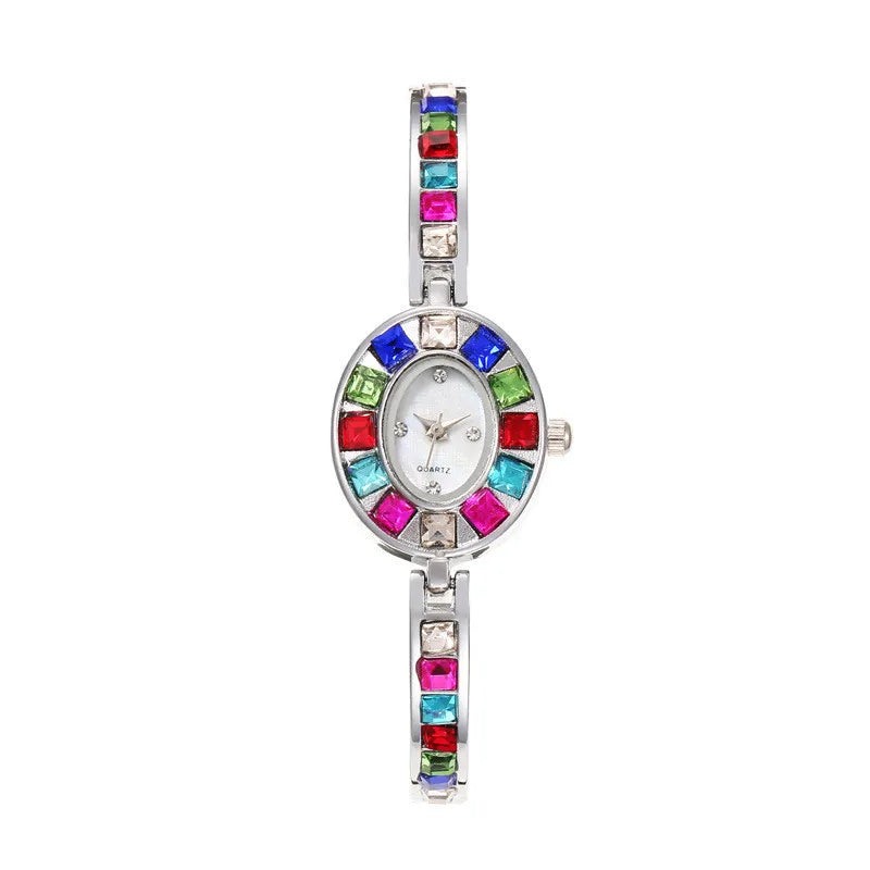 Dropshipping Women Quartz Watches New Fashion Rainbow Rhinestone Strap Oval Dial Bracelet Watch Wholesale Wristwatches Reloj