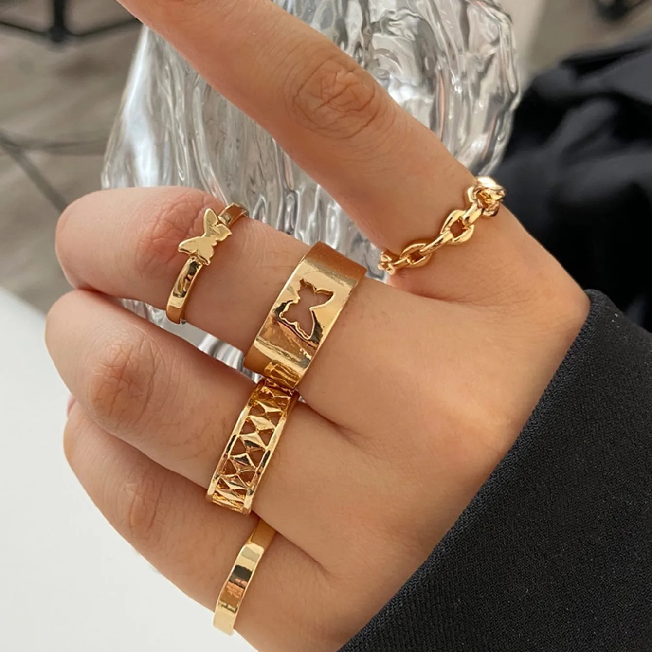 Vintage Korean Gold Silver Color Pearl Rings Set Jewelry For  Girls Butterfly Hollow Heart  Ring For Women Accessories
