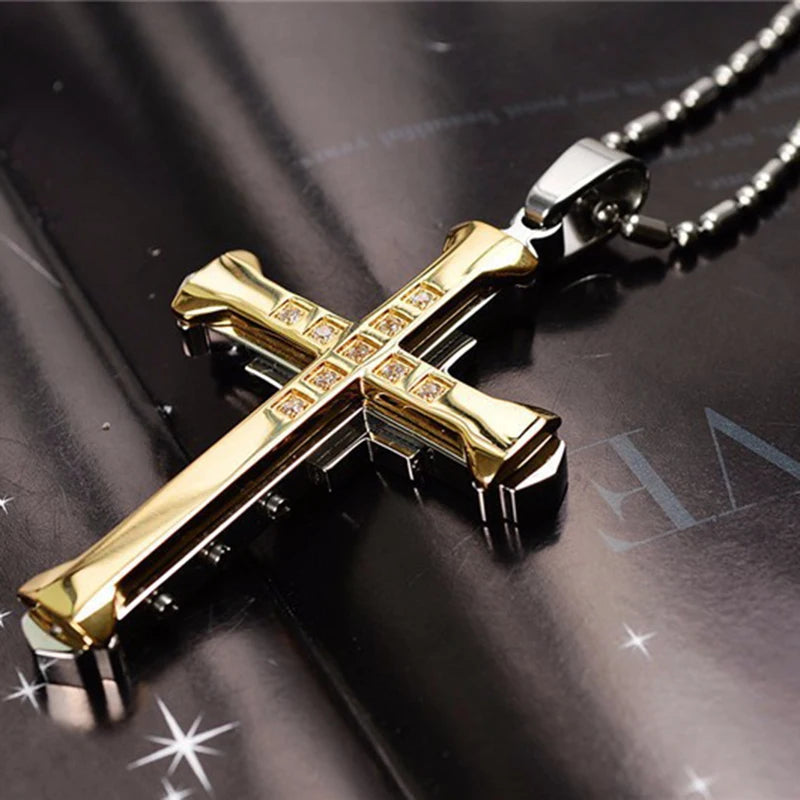 2025 Ins New Cross Pendant Necklace For Men Simple Cool Zircon Black Gold Color Stainless Steel Chain Hip Hop Punk Jewelry Gift