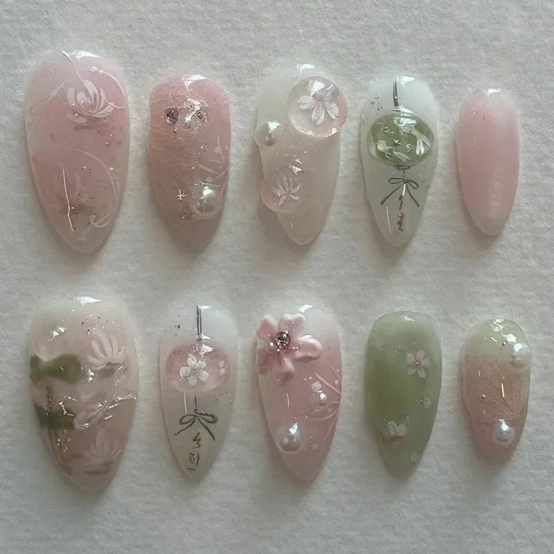 24Pcs Sweet Almond Nails Set Press On Nails Cute Mini Flower False Nail Floral Bow Diamond Full Cover Artificial Nails Art Tips