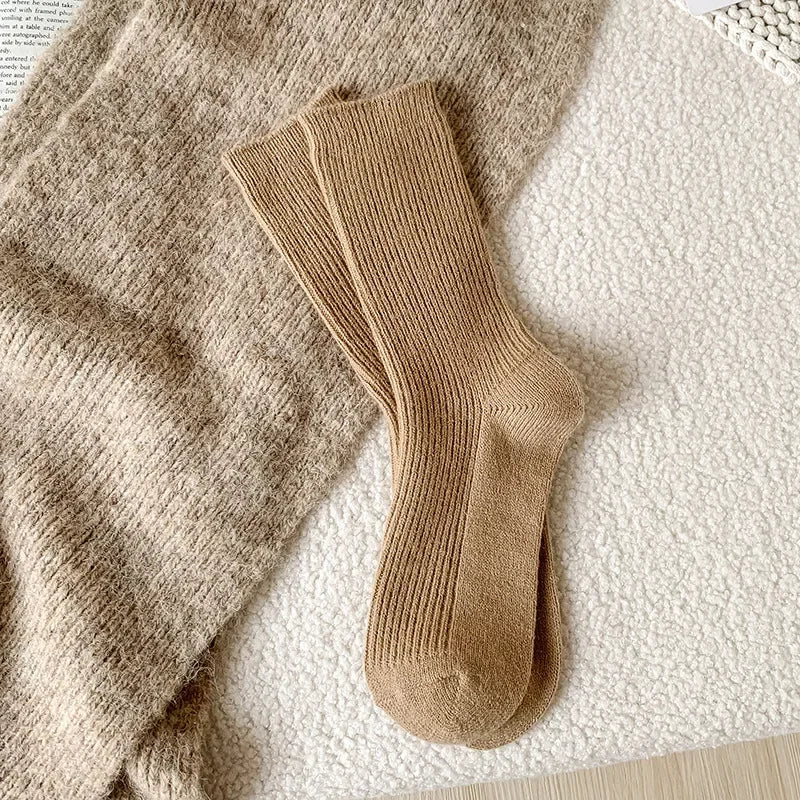 Winter Cashmere Wool Woman Socks Solid Cream Color Harajuku Retro Long Socks Women Girls Thermal Crew Sock Calcetines Mujer New
