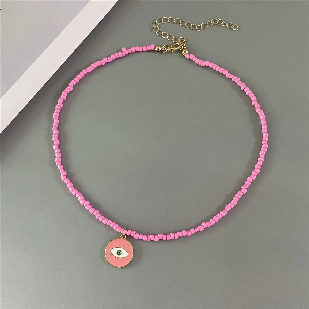 Lucky Handmade Necklace Popular Turkeky Eye Pendant Choker Colorful Rice Beadds Neck Jewelry