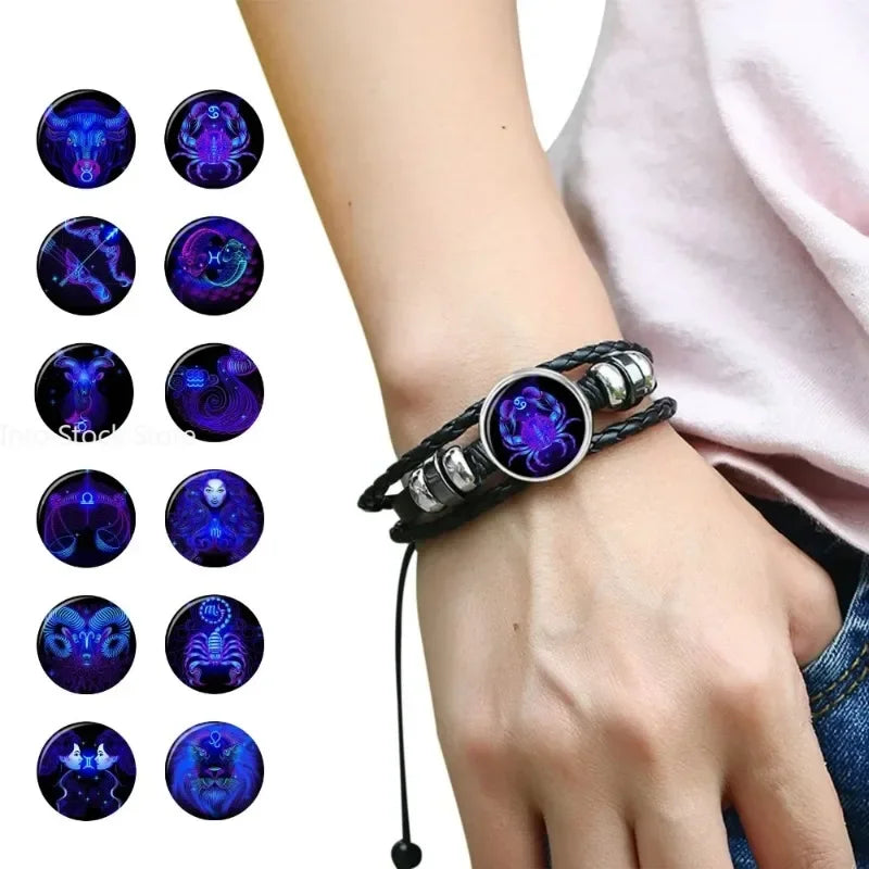 Gemini Leo Libra Scorpio Sagittarius 12 Constellation Luminous Bracelet Leather Bracelet Zodiac Charm Jewelry Bracelet for Men