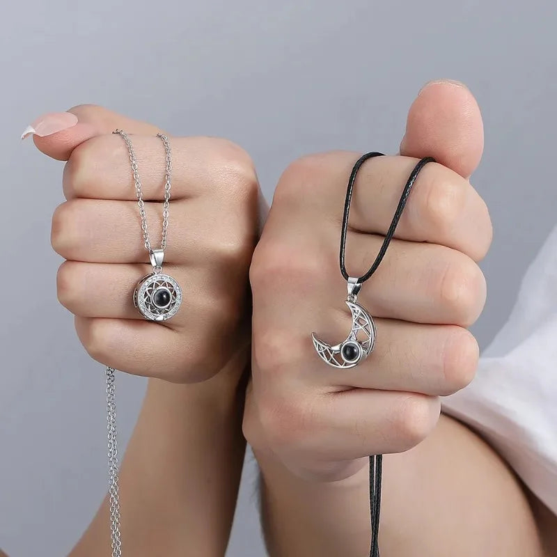 Fashion Couple Matching Necklace Sun Moon Necklaces for Lovers Gift Heart Magnetic Paired Pendant Jewelry Chain Choker 2 Pcs/set