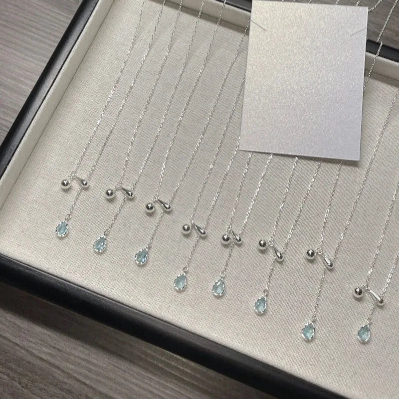 Fashion Blue Zircon Water Drop Shape Necklace Simple Style Charm Ladies Pendant Choker Gift Korean Trend Jewelry 도매