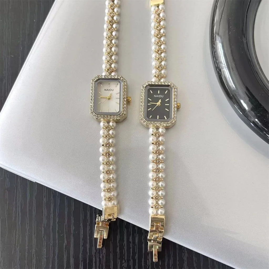 Luxury Women Bracelet Watch Fashion Small Square Dial Ladies Vintage Shell Pearls Chain Quartz Wristwatch Female Clock Wholesale