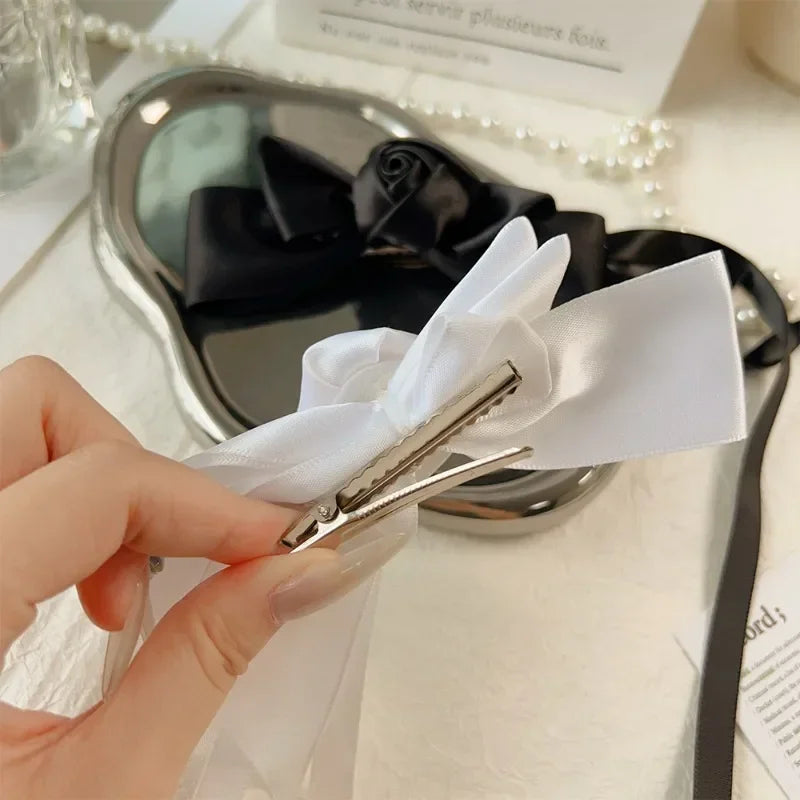 White Bow Ribbon Hair Clips Women Girls Elegant Flower Bowknot Satin Hairpins Ponytail Clip Wedding Party Barrette Accessories