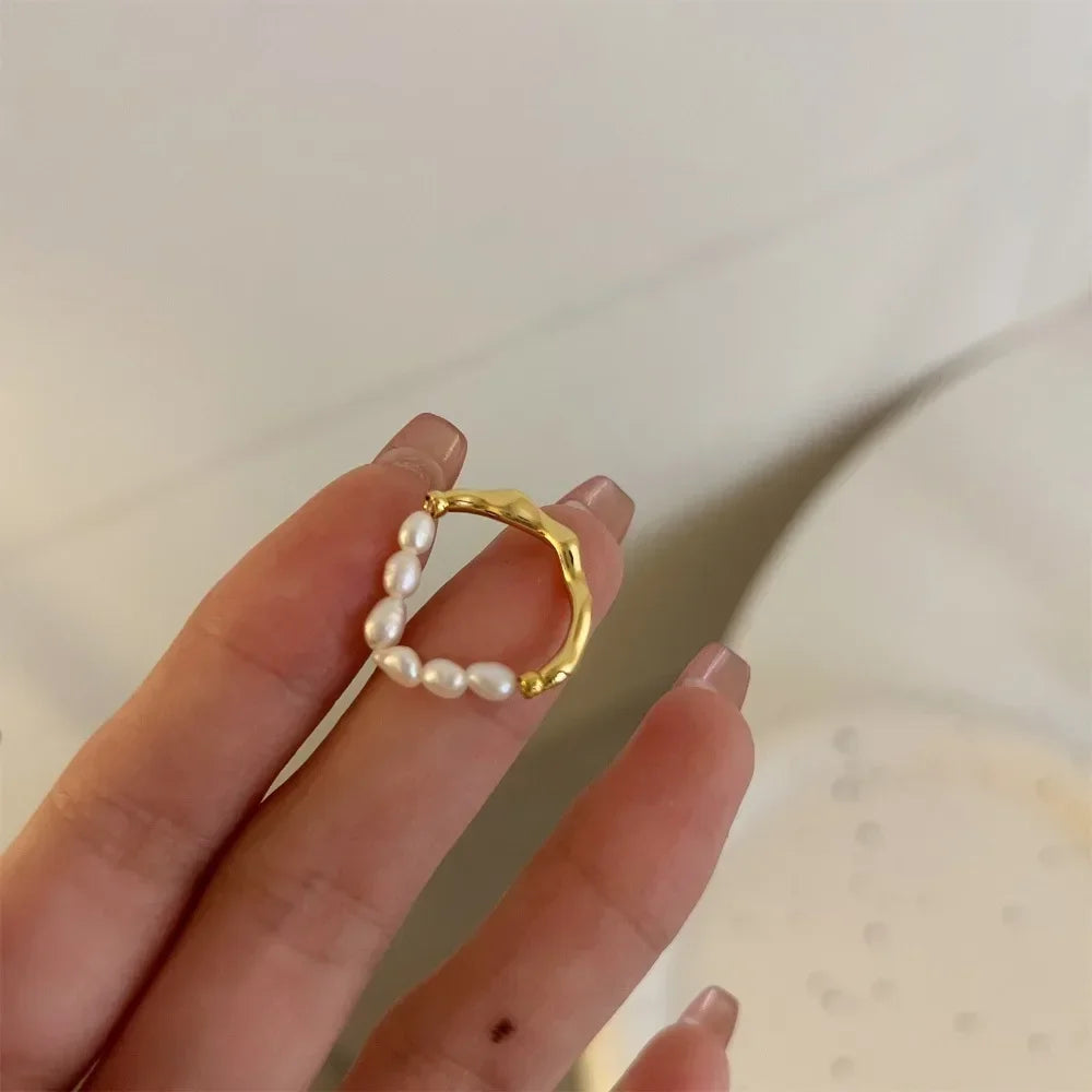 Korean Retro Elastic Rope Imitation Pearl Beaded Ring for Women Fashion Party Metal Chain Splicing Finger Ring Jewelry Women