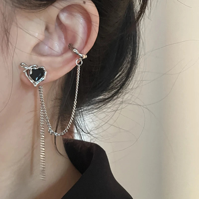 Gothic Black Love Crystal Clip Earrings for Women Exquisite Irregular Heart Stud Earring Long Link Tassel Y2K Jewelry Party Gift