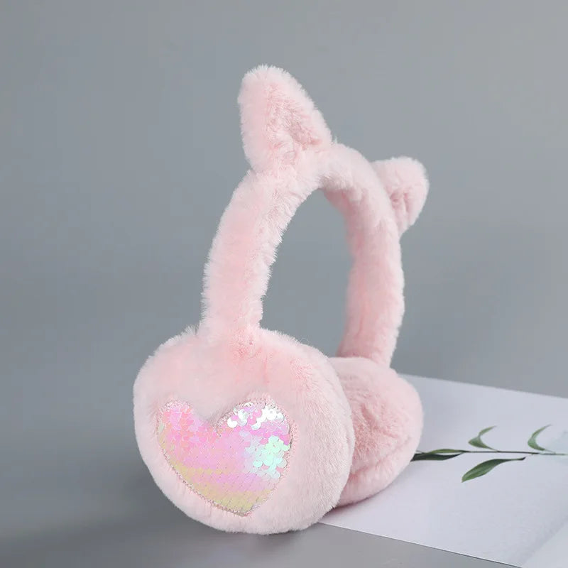 Child Cute Cat Ears Winter Warm Earmuffs Shiny Sequin Ear Soft Plush Earflaps for Kid Outdoor Ear Warmer Outdoor Cold Protection