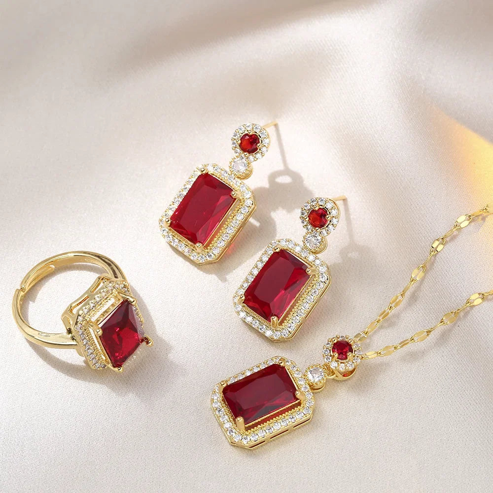 Exquisite Fashion Emerald Perfume Bottle Necklace Earrings Ring 3 Piece Set Classic Banquet Wedding Jewelry Set Birthday Gift