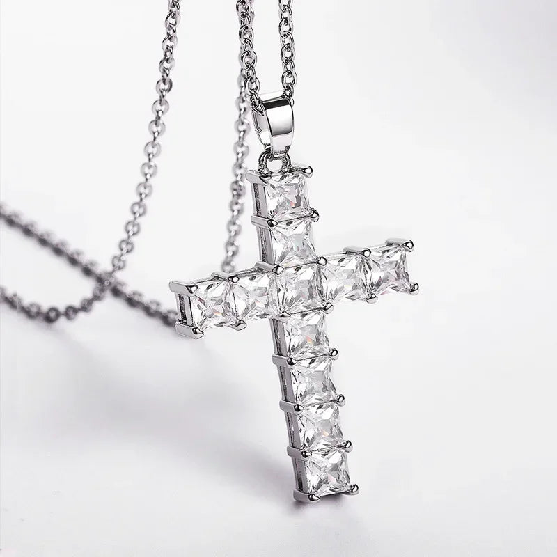 Shiny Ice Crystal Zircon Christian Cross Pendant Men and Women Hip Hop Trend Jewelry Catholic Amulet Necklace