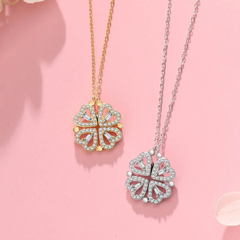 1/2PC Unique Heart Shaped Four Leaf Clover Pendant Necklace Silver Gold Jewelry Zircon Love Clavicle Chain Gifts Openable