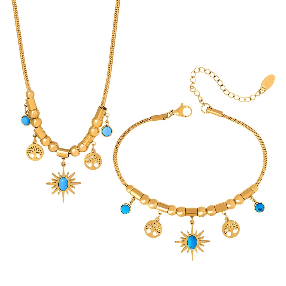 Stainless Steel Gold Color Round Green Stone Pendant Necklace For Women Vintage Ethnic Girls Chain Jewelry Gifts