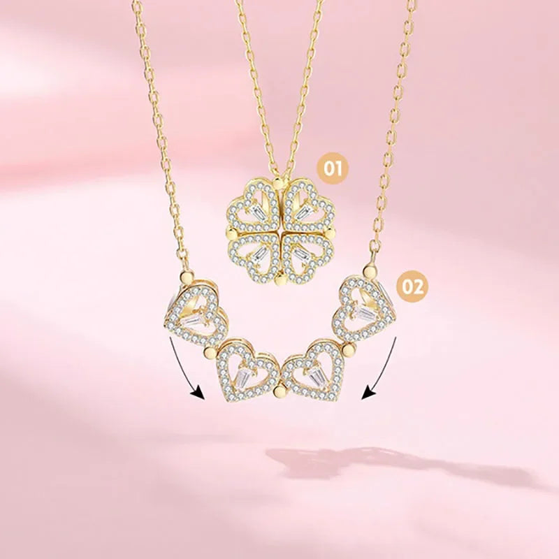 1/2PC Unique Heart Shaped Four Leaf Clover Pendant Necklace Silver Gold Jewelry Zircon Love Clavicle Chain Gifts Openable