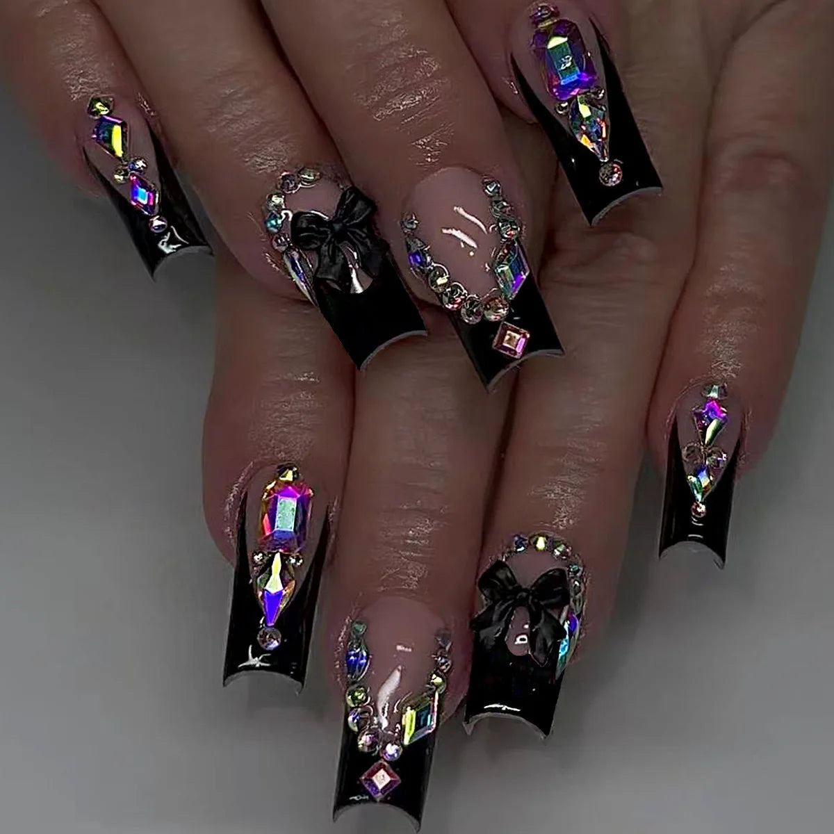 24pcs French Fake Nails with Glue Animal Print False Nails Short Square Press on Nails Diamond Cross Nail Press Ons Sweet Cool