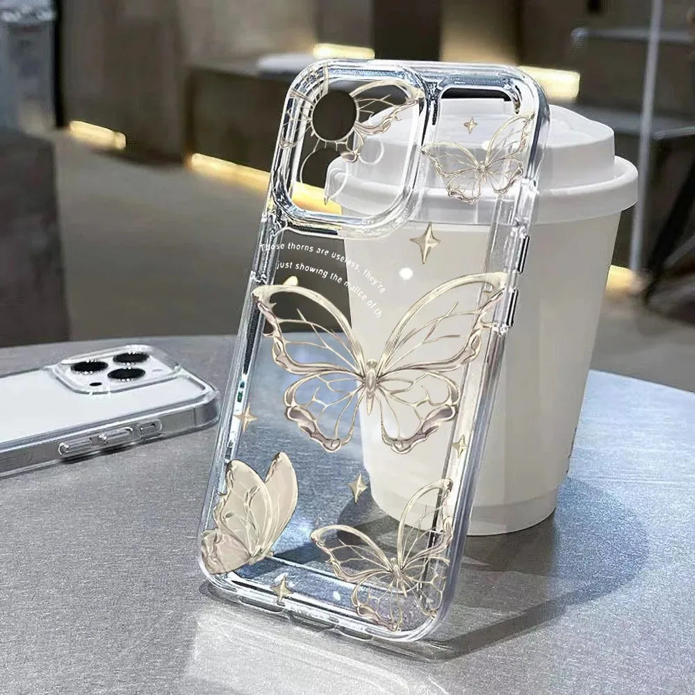 Card Slot Pocket Case For iPhone 11 12 15 14 16 Pro Max 16E XR XS X 7 8 Plus SE 2020 Gold Butterfly Print TPU Shockproof Cover