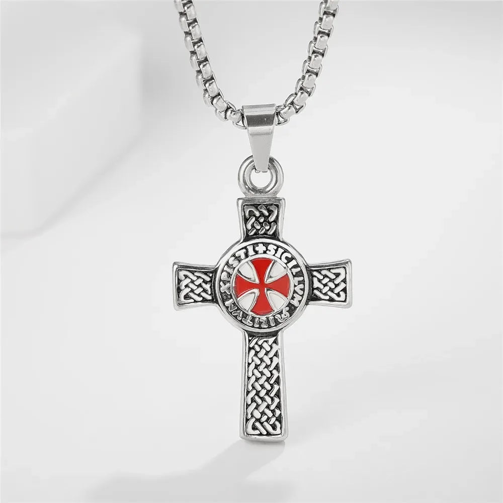 Fashion Punk Red Cross Templar Pendant Necklace Men\\'s Personalized Retro Christian Religious Jewelry