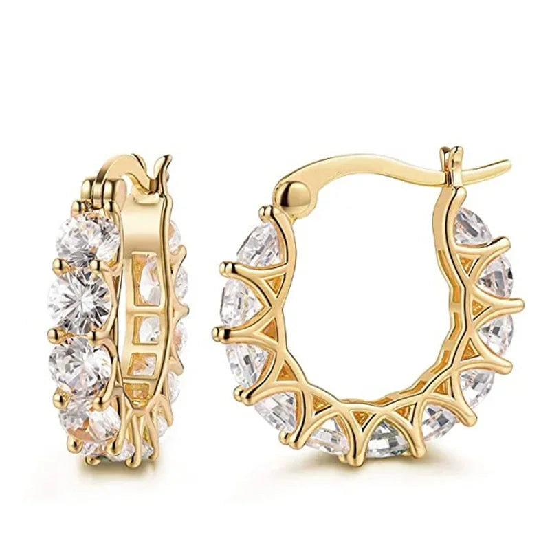 Luxury Fashion Full Zircon Shiny Gold Color Stainless Steel Hoop Earrings for Women Exquisite Green Crystal Korea Jewelry Gift