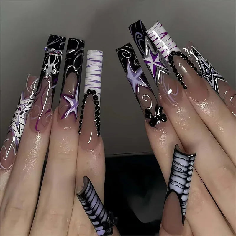 24Pcs Sweet Cool Spice Girl Press on Nails Black French Bow False Nails Y2k Star Glitter Diamond Nail Long Square Gel Fake Nails