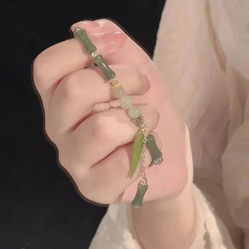 Chinese Style Retro Green Bamboo Joint Beaded Bracelet For Women's Fashion Simple Charm Alloy Leaf Bracelet Jewelry Gift