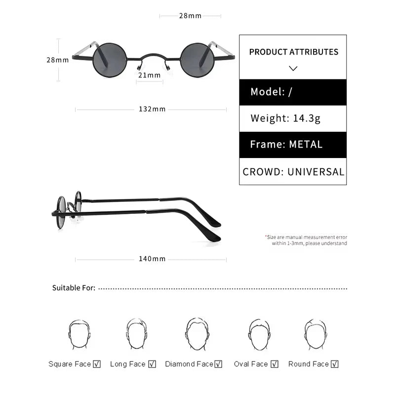 Classic Small Round Sunglasses Man Sunglasses Vintage Rock Punk Black Metal Steampunk Sun Glasses Women Mini Hip Hop Sunglasses