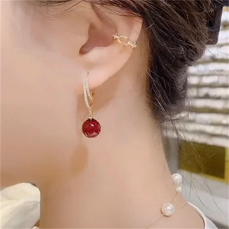 Retro Red Simulated Pearl Dangle Earrings Korean Trendy Ball Bead Long Drop Earring  Ladies Fashion Jewelry Accessories