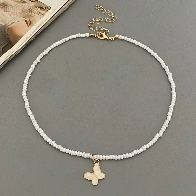 New Fashion Butterfly Pendnat Necklace Small Seed Beads Gift  Choker Necklace White Color Neck Jewlery